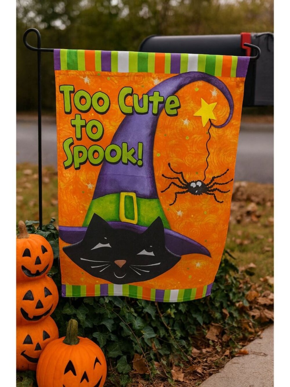 Halloween House Flag Black Cat Witch Too Cute to Spook 14x40 Retro Yard Decor